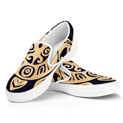 Golden Tribal Sea Turtle Print White Slip On Shoes