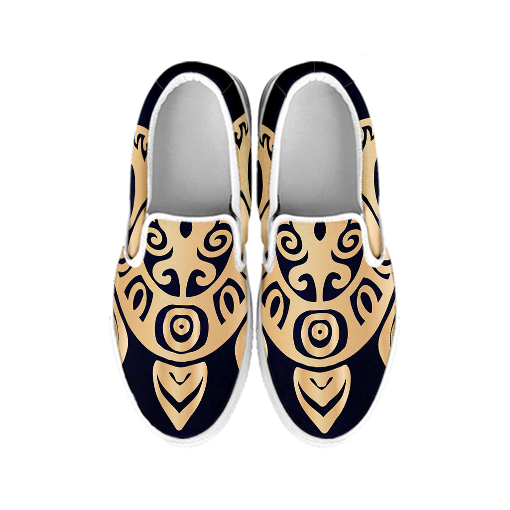 Golden Tribal Sea Turtle Print White Slip On Shoes