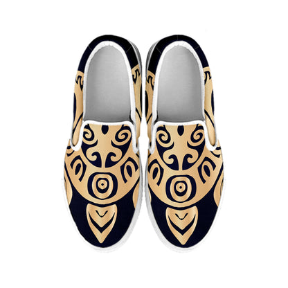 Golden Tribal Sea Turtle Print White Slip On Shoes