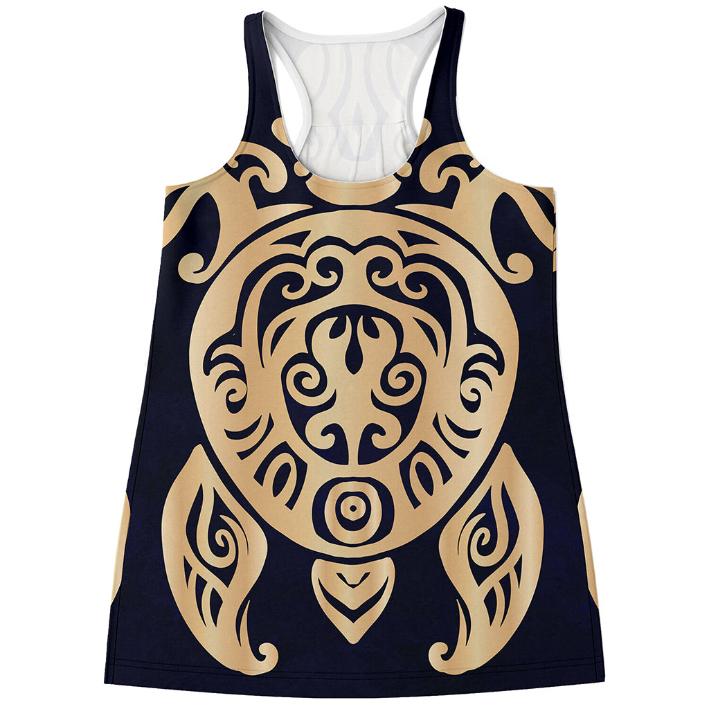 Golden Tribal Sea Turtle Print Women's Racerback Tank Top