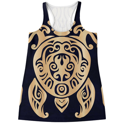 Golden Tribal Sea Turtle Print Women's Racerback Tank Top