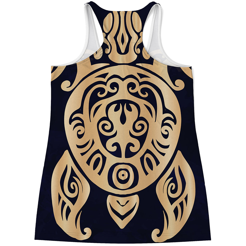 Golden Tribal Sea Turtle Print Women's Racerback Tank Top