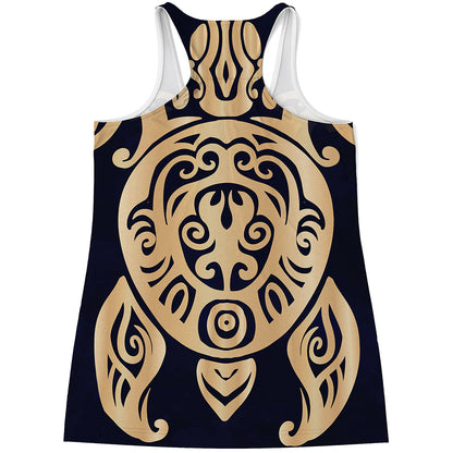 Golden Tribal Sea Turtle Print Women's Racerback Tank Top