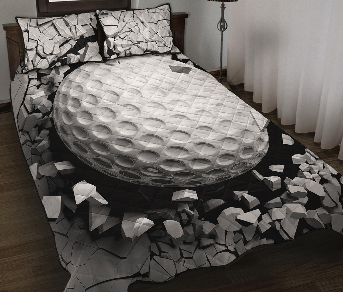 Golf Ball Breaking Wall Print Quilt Bed Set