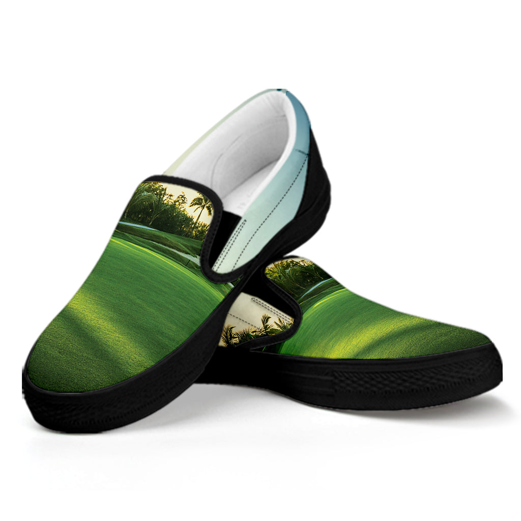 Golf Course Print Black Slip On Shoes