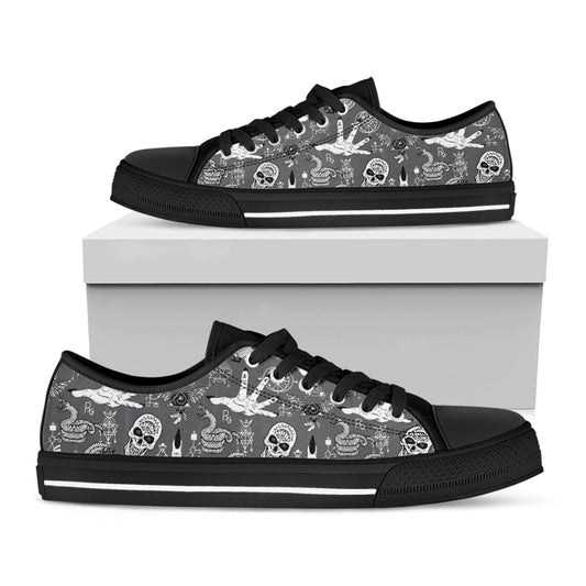 Gothic Wicca Curse Print Black Low Top Shoes
