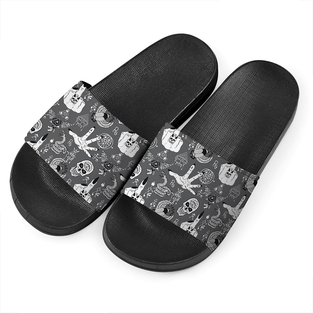 Gothic Wicca Curse Print Black Slide Sandals
