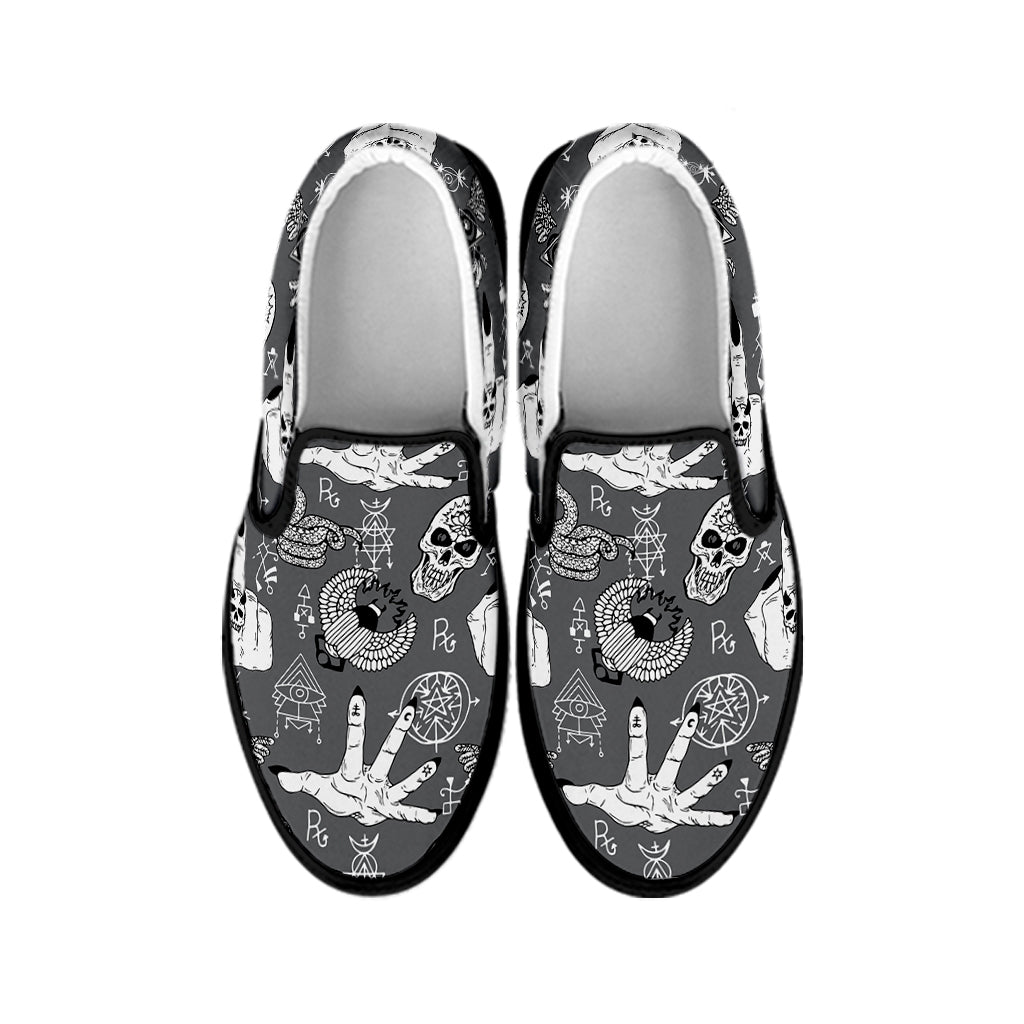 Gothic Wicca Curse Print Black Slip On Shoes