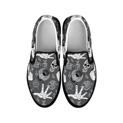Gothic Wicca Curse Print Black Slip On Shoes