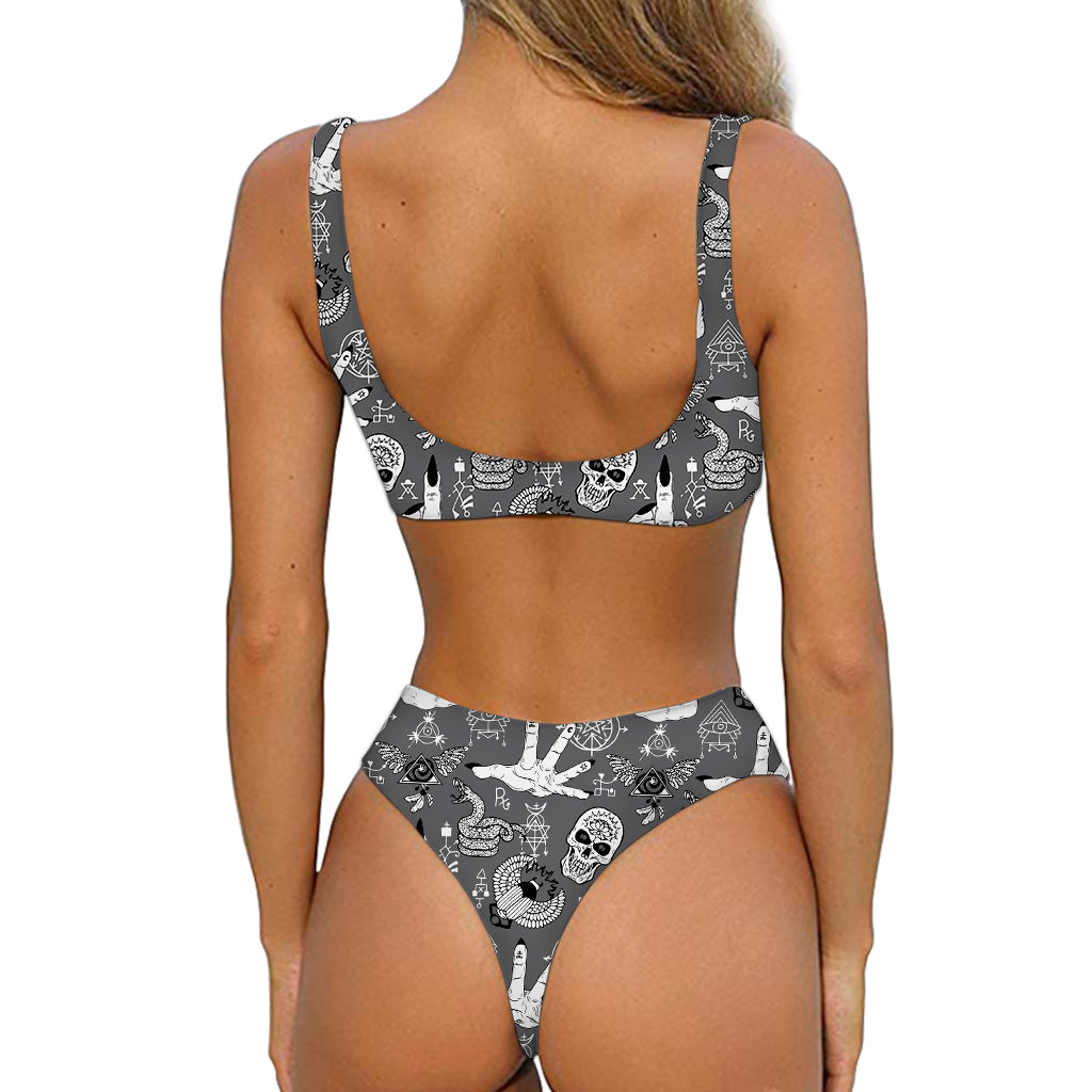 Gothic Wicca Curse Print Front Bow Tie Bikini