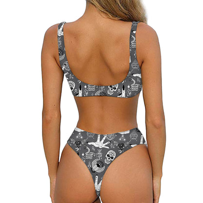 Gothic Wicca Curse Print Front Bow Tie Bikini