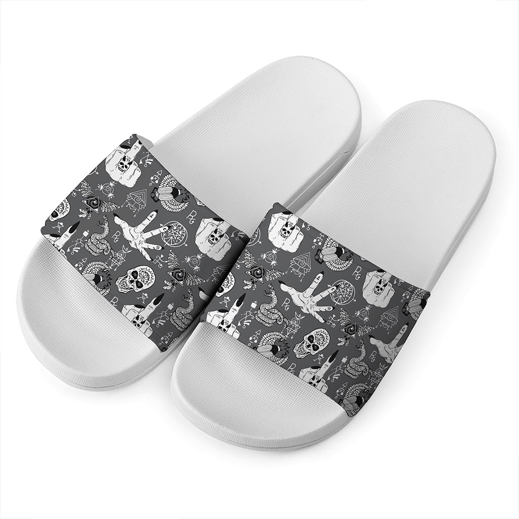 Gothic Wicca Curse Print White Slide Sandals