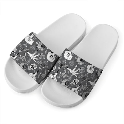 Gothic Wicca Curse Print White Slide Sandals