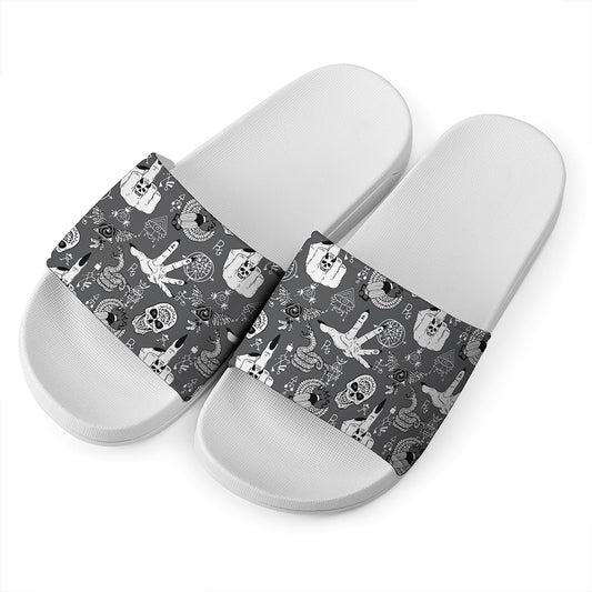 Gothic Wicca Curse Print White Slide Sandals