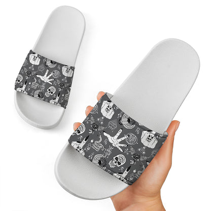 Gothic Wicca Curse Print White Slide Sandals