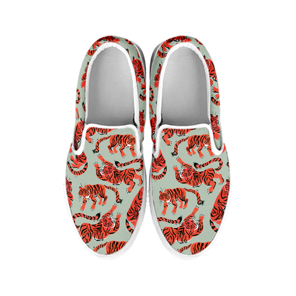 Gouache Tiger Pattern Print White Slip On Shoes