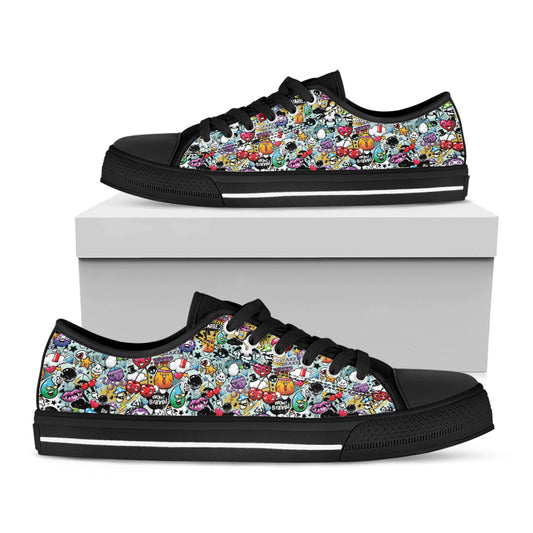 Graffiti Cartoon Characters Print Black Low Top Shoes