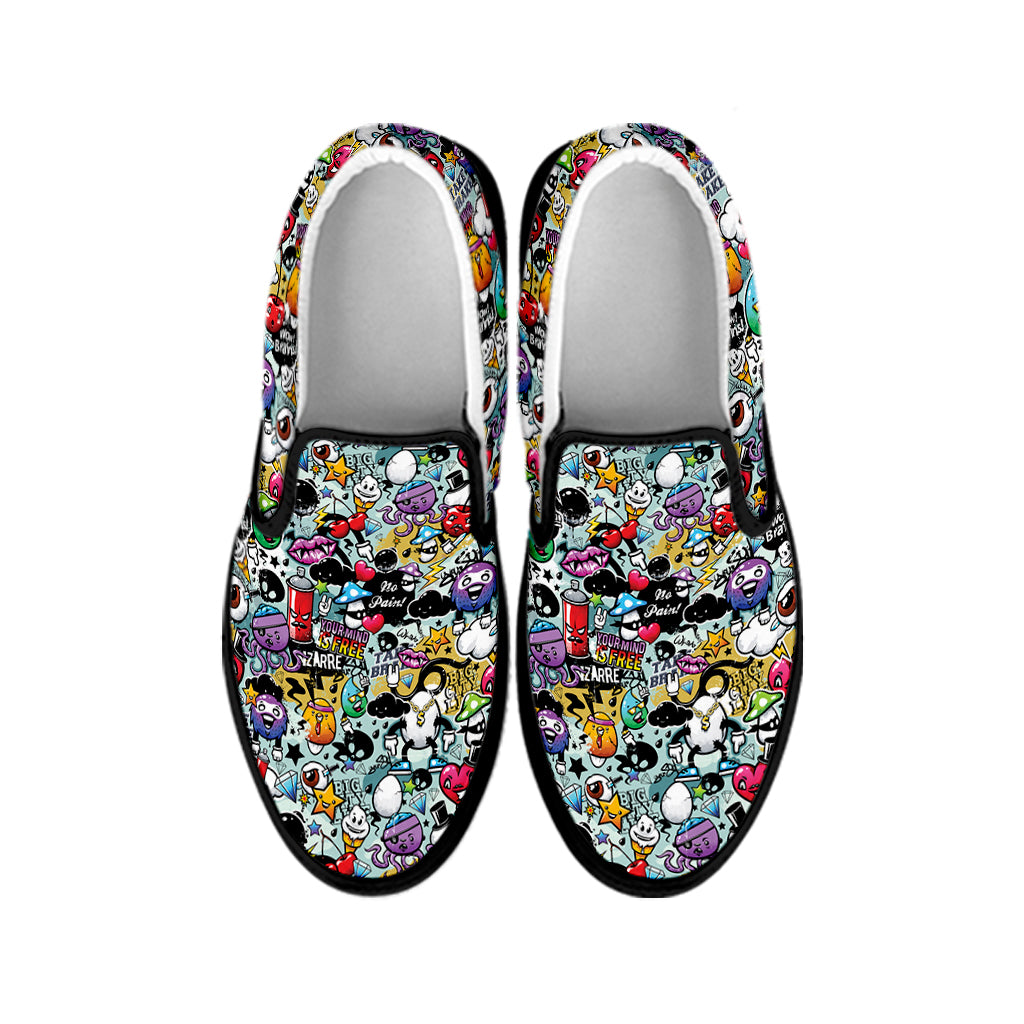 Graffiti Cartoon Characters Print Black Slip On Shoes