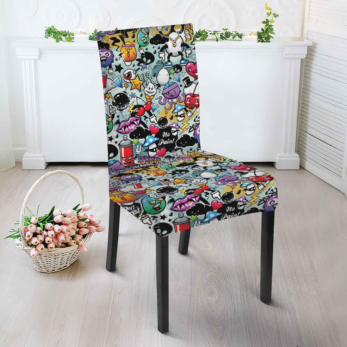 Graffiti Cartoon Characters Print Dining Chair Slipcover