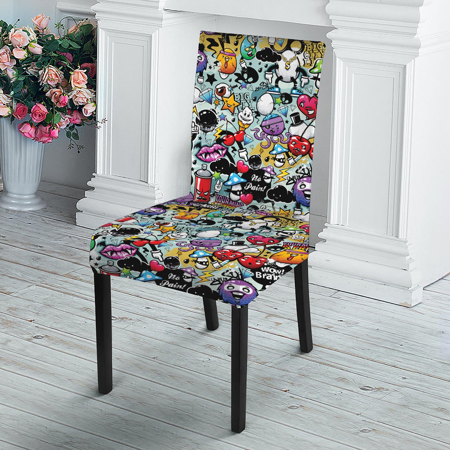 Graffiti Cartoon Characters Print Dining Chair Slipcover