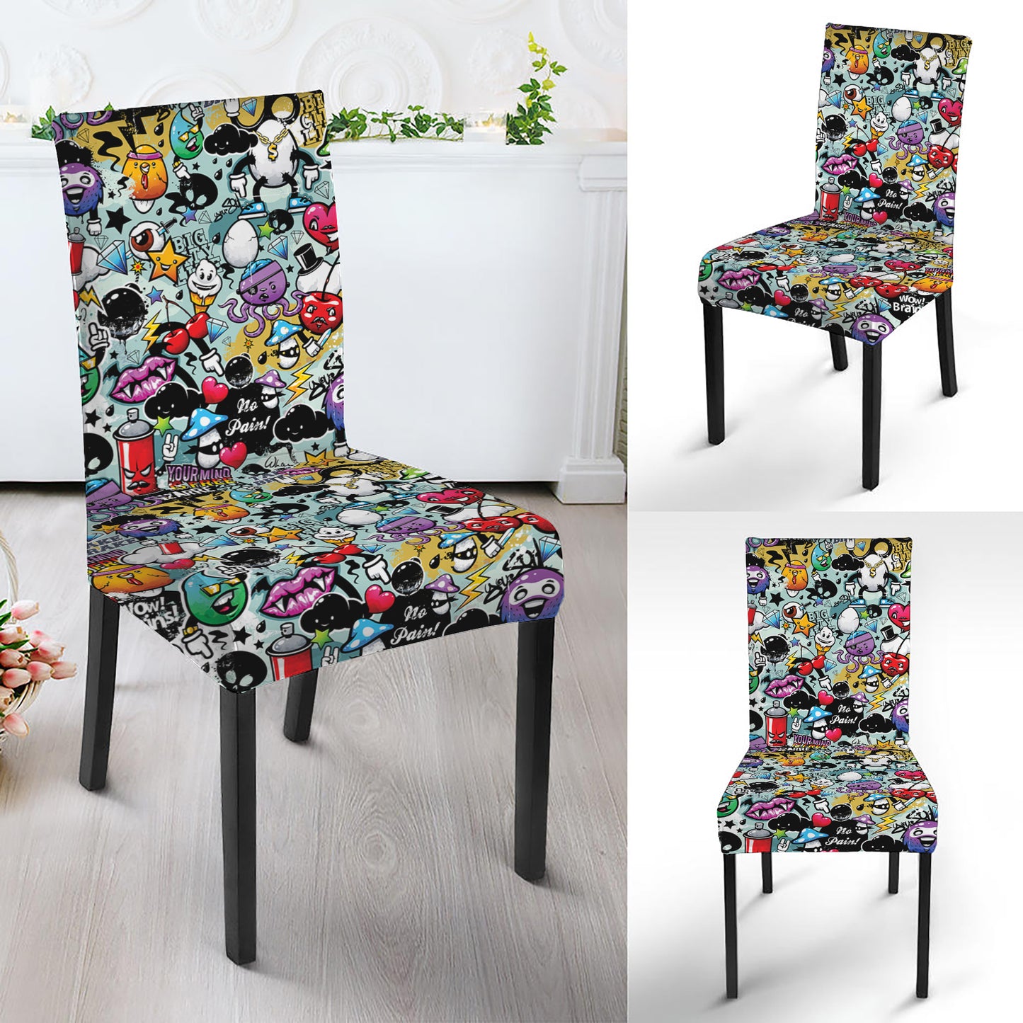 Graffiti Cartoon Characters Print Dining Chair Slipcover