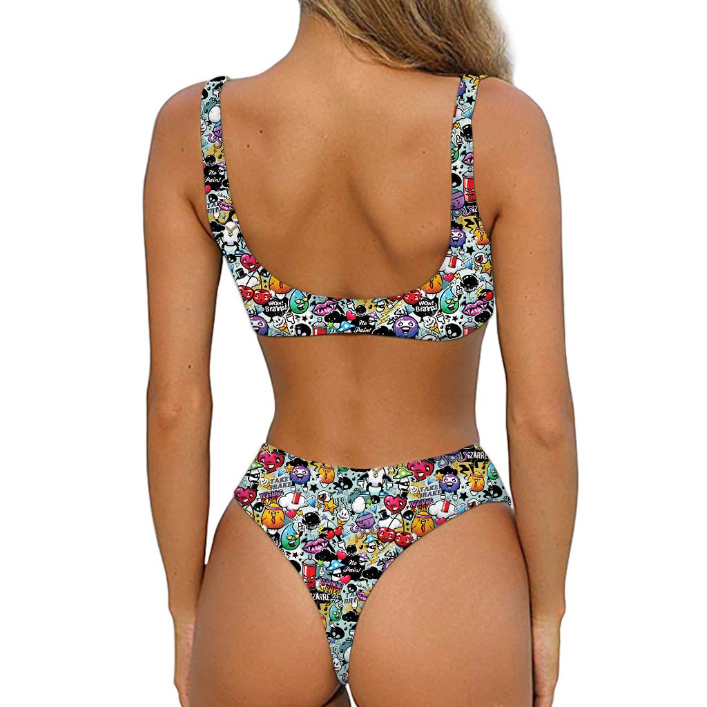 Graffiti Cartoon Characters Print Front Bow Tie Bikini