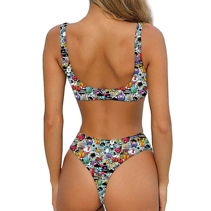 Graffiti Cartoon Characters Print Front Bow Tie Bikini