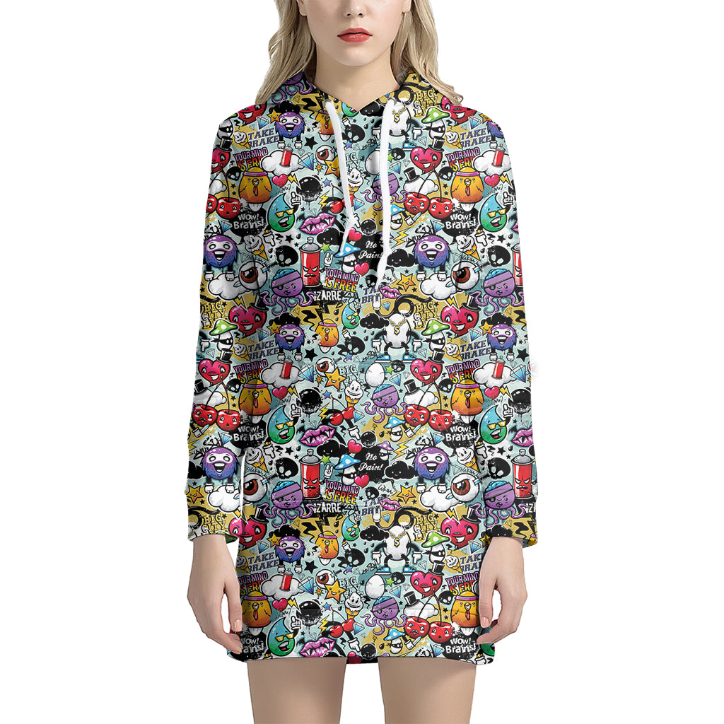 Graffiti Cartoon Characters Print Hoodie Dress