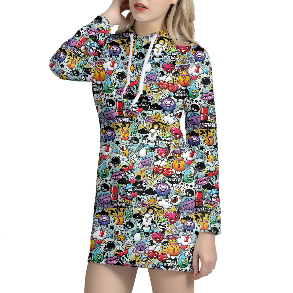 Graffiti Cartoon Characters Print Hoodie Dress