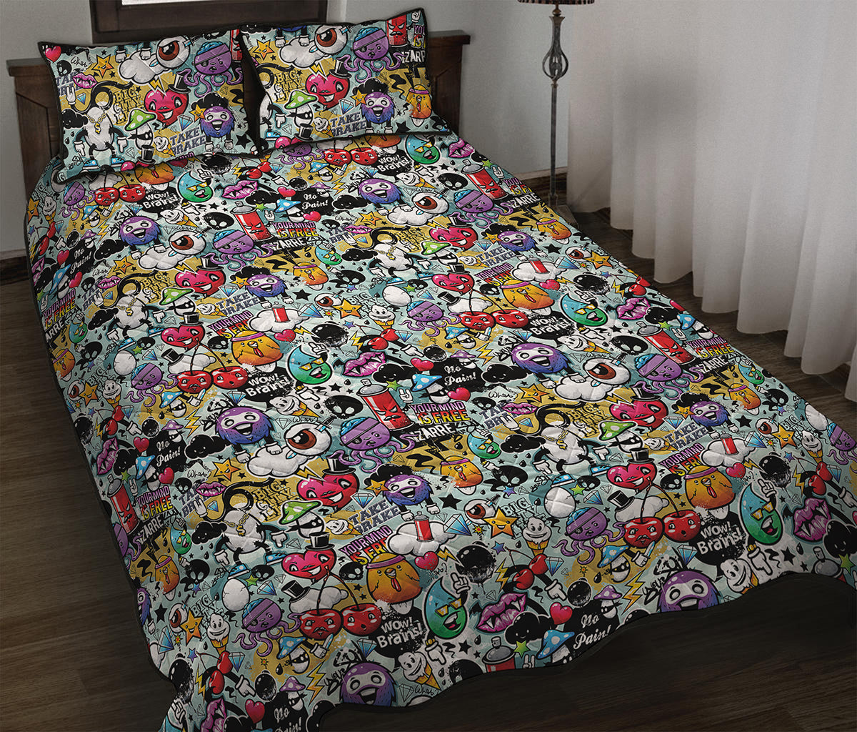 Graffiti Cartoon Characters Print Quilt Bed Set