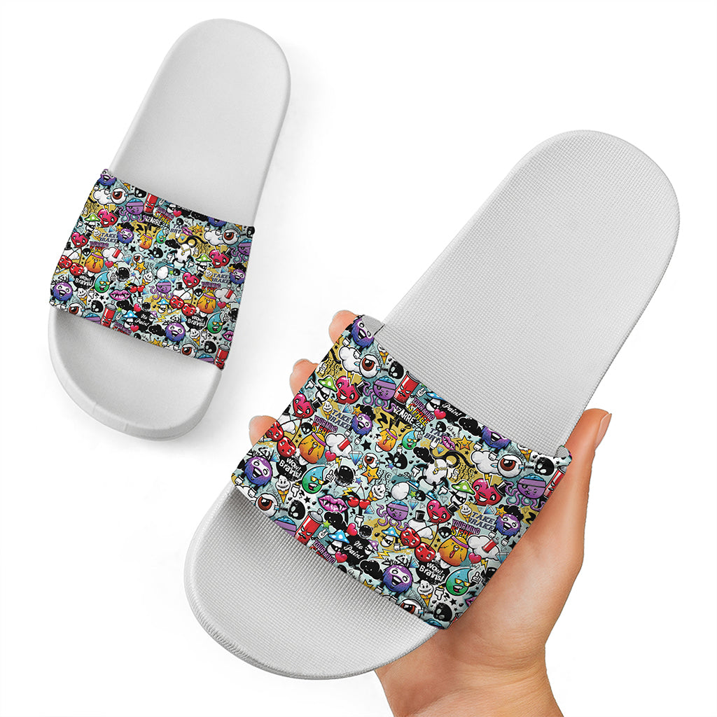Graffiti Cartoon Characters Print White Slide Sandals