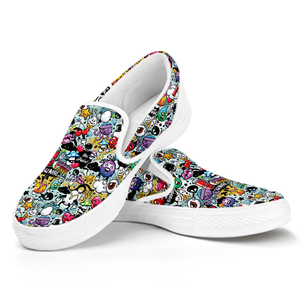 Graffiti Cartoon Characters Print White Slip On Shoes