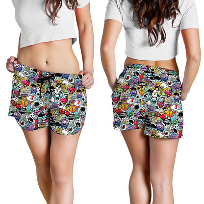 Graffiti Cartoon Characters Print Women's Shorts