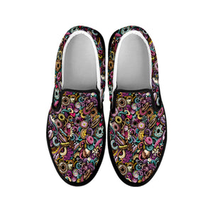 Graffiti Donut Pattern Print Black Slip On Shoes