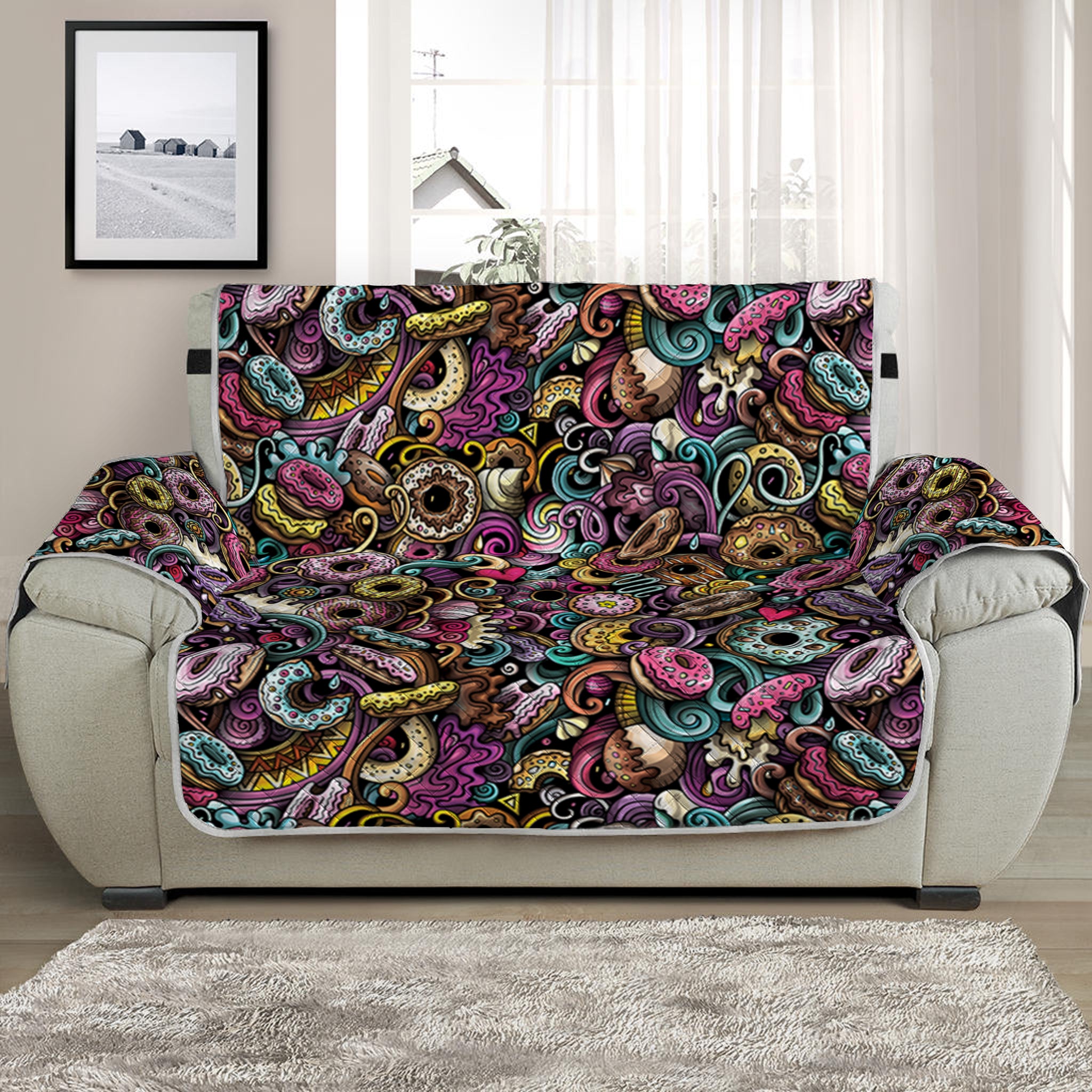 Graffiti Donut Pattern Print Half Sofa Protector