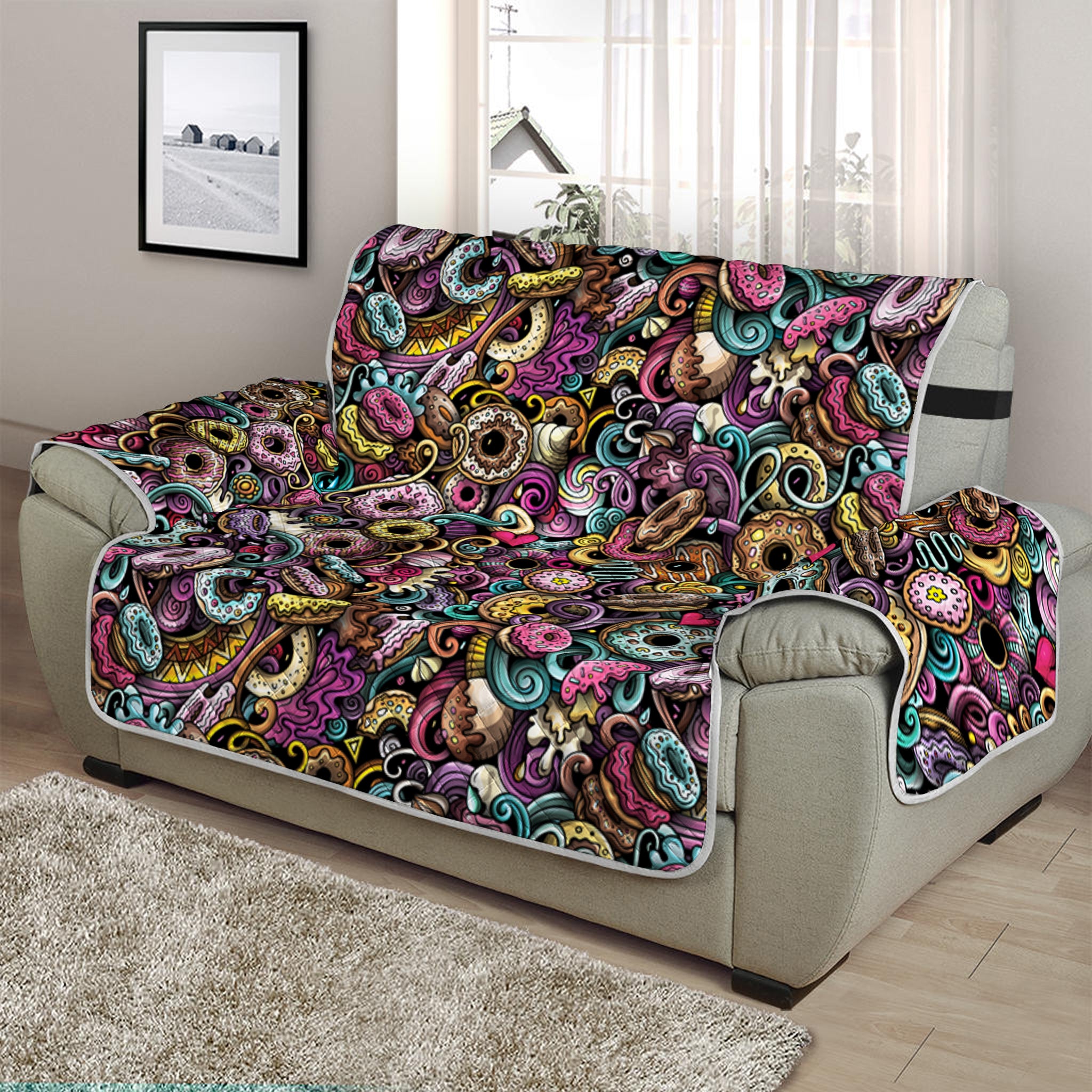 Graffiti Donut Pattern Print Half Sofa Protector