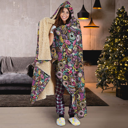 Graffiti Donut Pattern Print Hooded Blanket