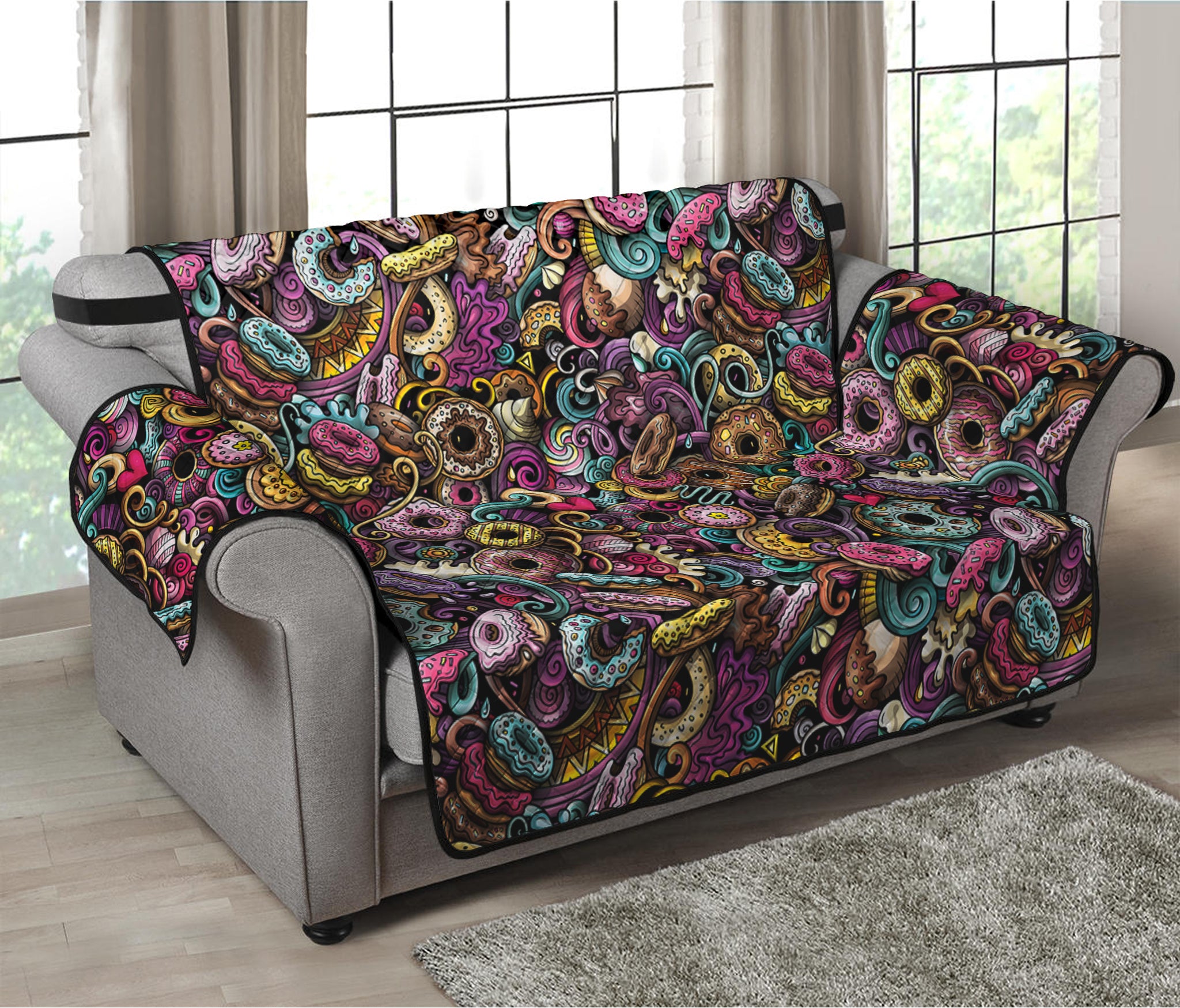 Graffiti Donut Pattern Print Loveseat Protector