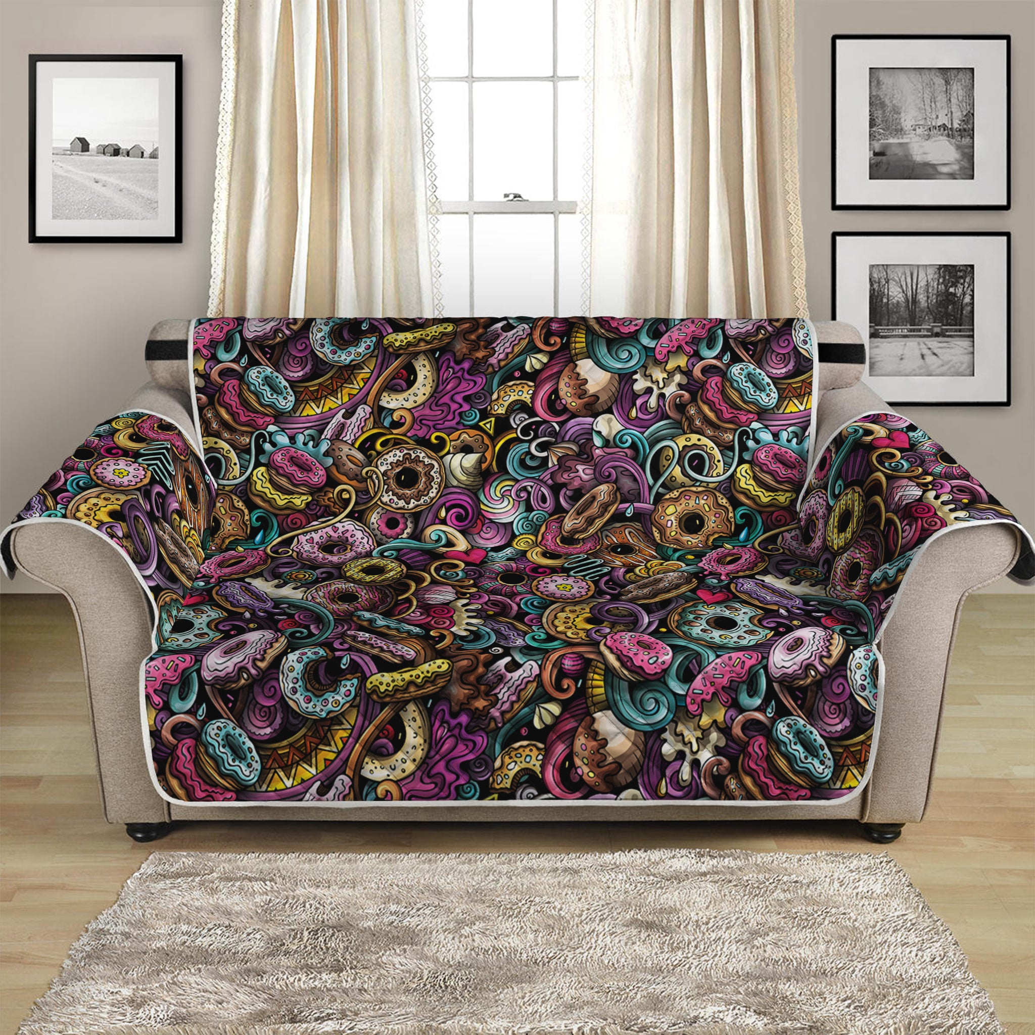 Graffiti Donut Pattern Print Loveseat Protector