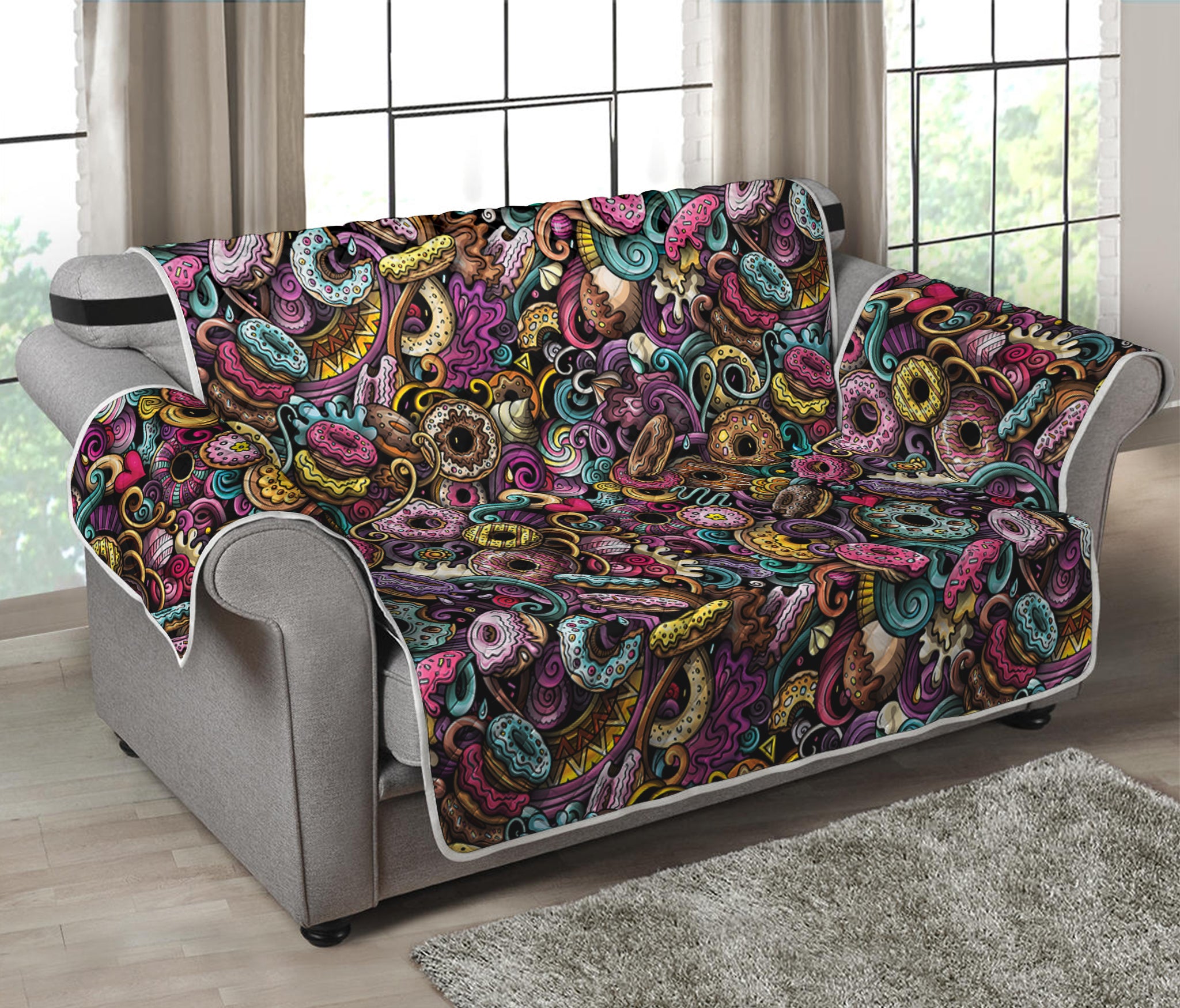 Graffiti Donut Pattern Print Loveseat Protector