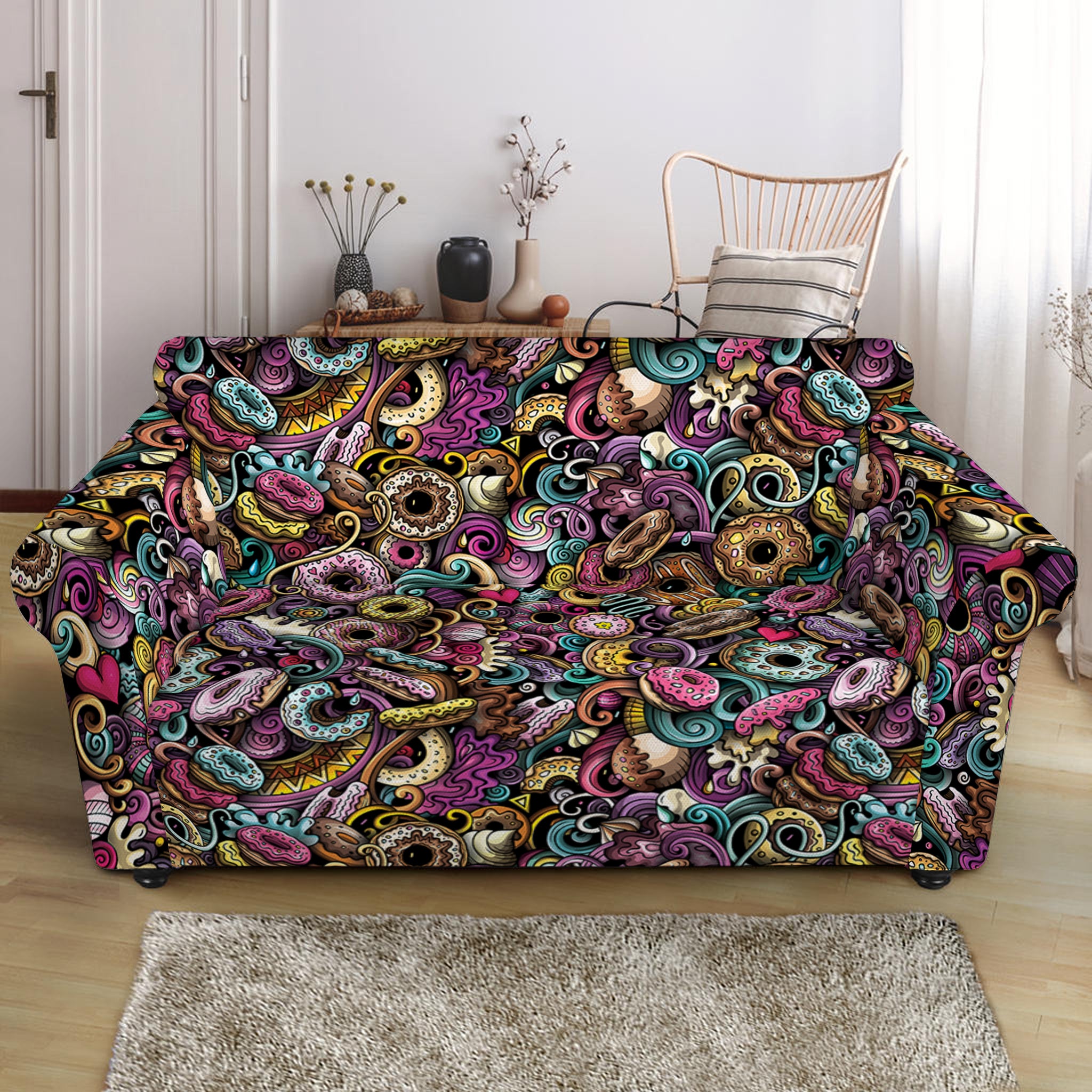 Graffiti Donut Pattern Print Loveseat Slipcover