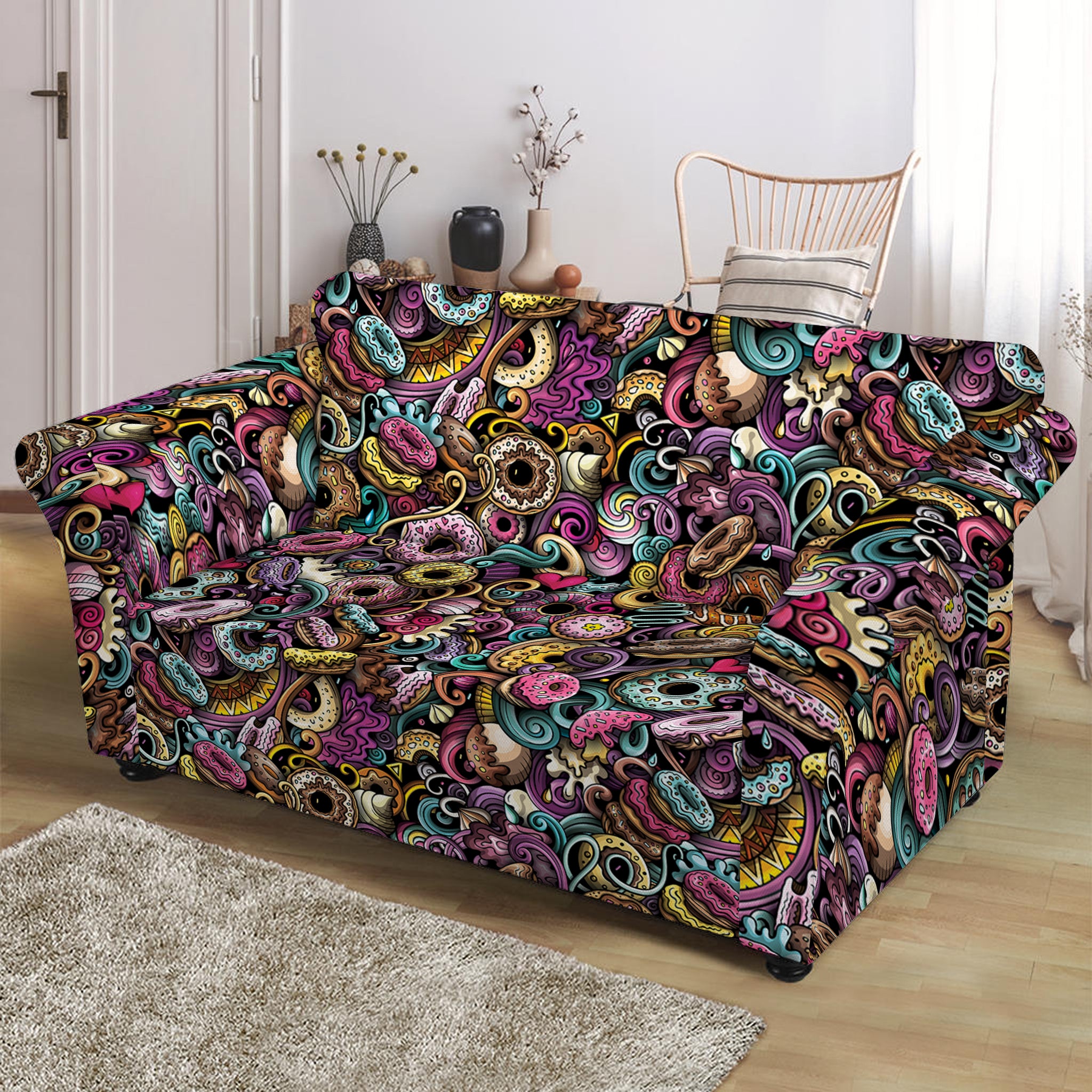 Graffiti Donut Pattern Print Loveseat Slipcover