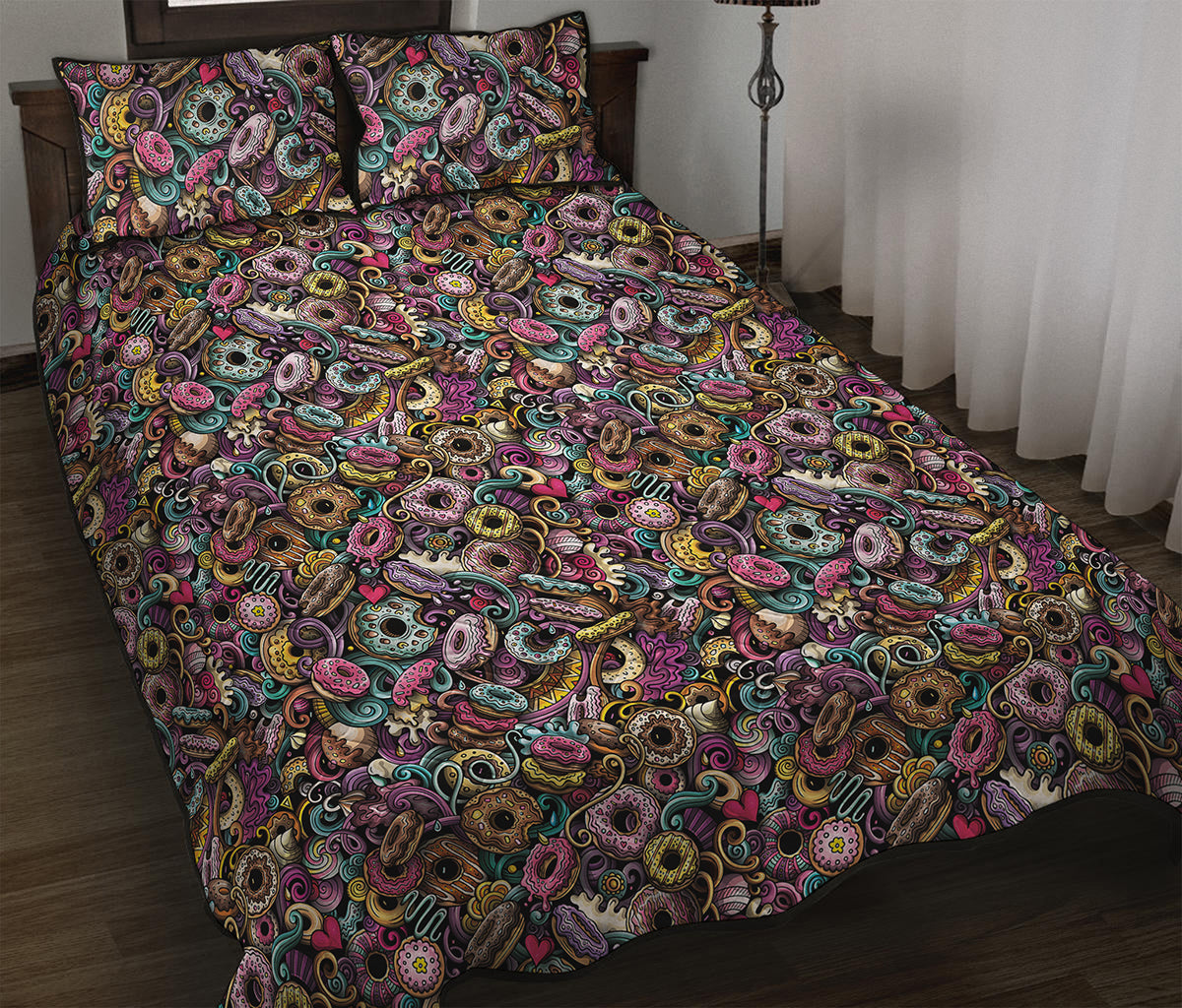 Graffiti Donut Pattern Print Quilt Bed Set