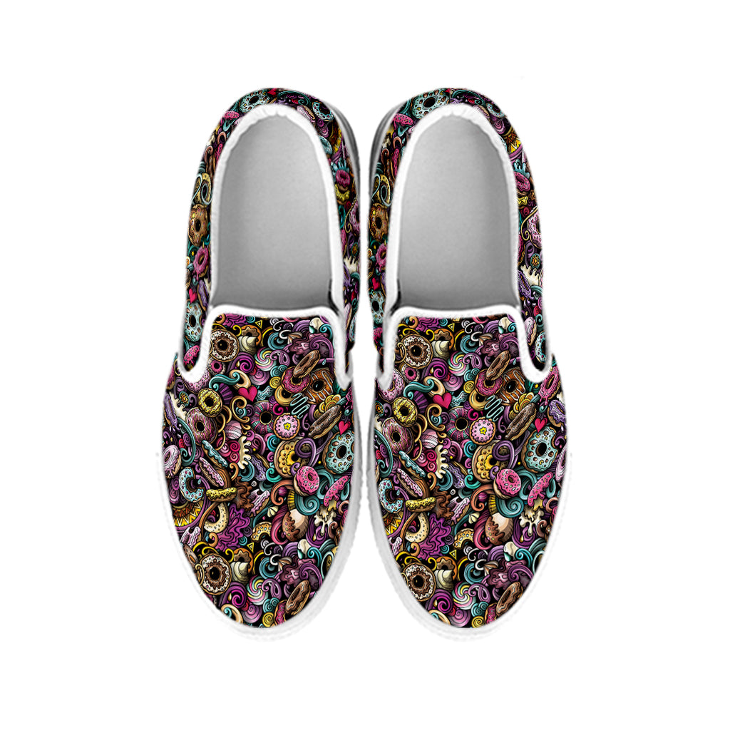 Graffiti Donut Pattern Print White Slip On Shoes