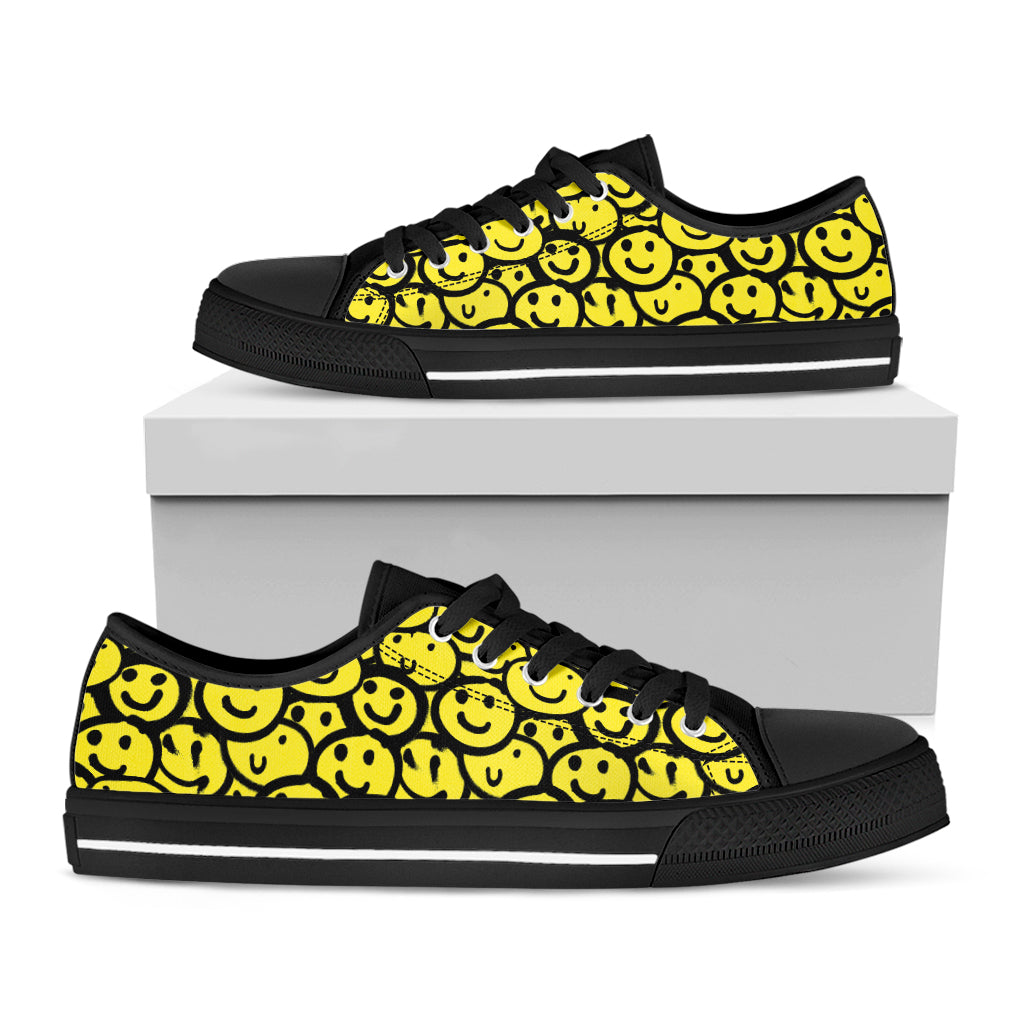 Graffiti Happy Emoji Pattern Print Black Low Top Shoes