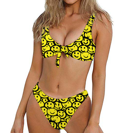 Graffiti Happy Emoji Pattern Print Front Bow Tie Bikini
