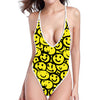 Graffiti Happy Emoji Pattern Print One Piece High Cut Swimsuit