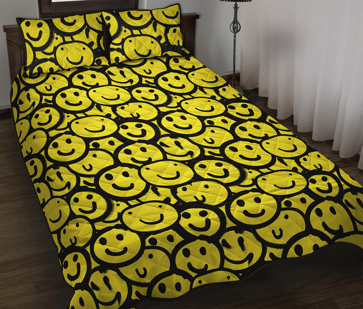 Graffiti Happy Emoji Pattern Print Quilt Bed Set