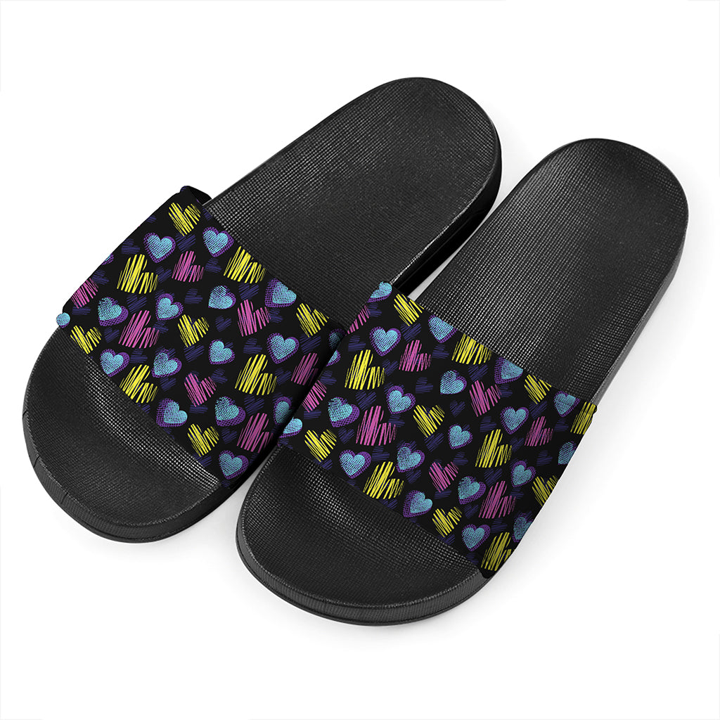 Graffiti Heart Pattern Print Black Slide Sandals