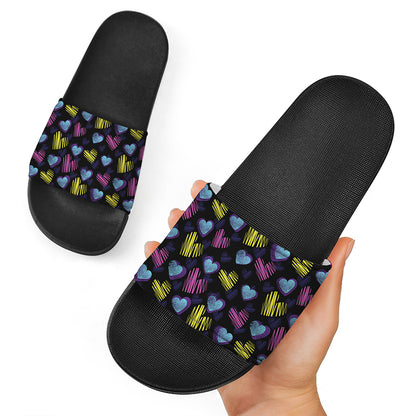 Graffiti Heart Pattern Print Black Slide Sandals